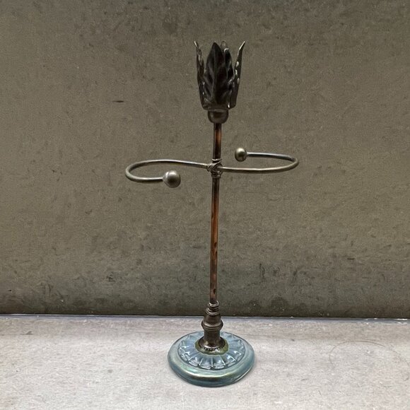 Vtg One-of-a-Kind Metal Earring Holder/Candlestick w/Pale Blue Carved Glass Base - Picture 1 of 10